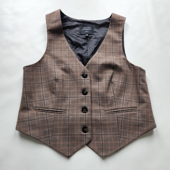 Maison D' Amelie Jackets & Blazers - Maison D' Amelie Brown Plaid Button-Up Vest Waistcoat